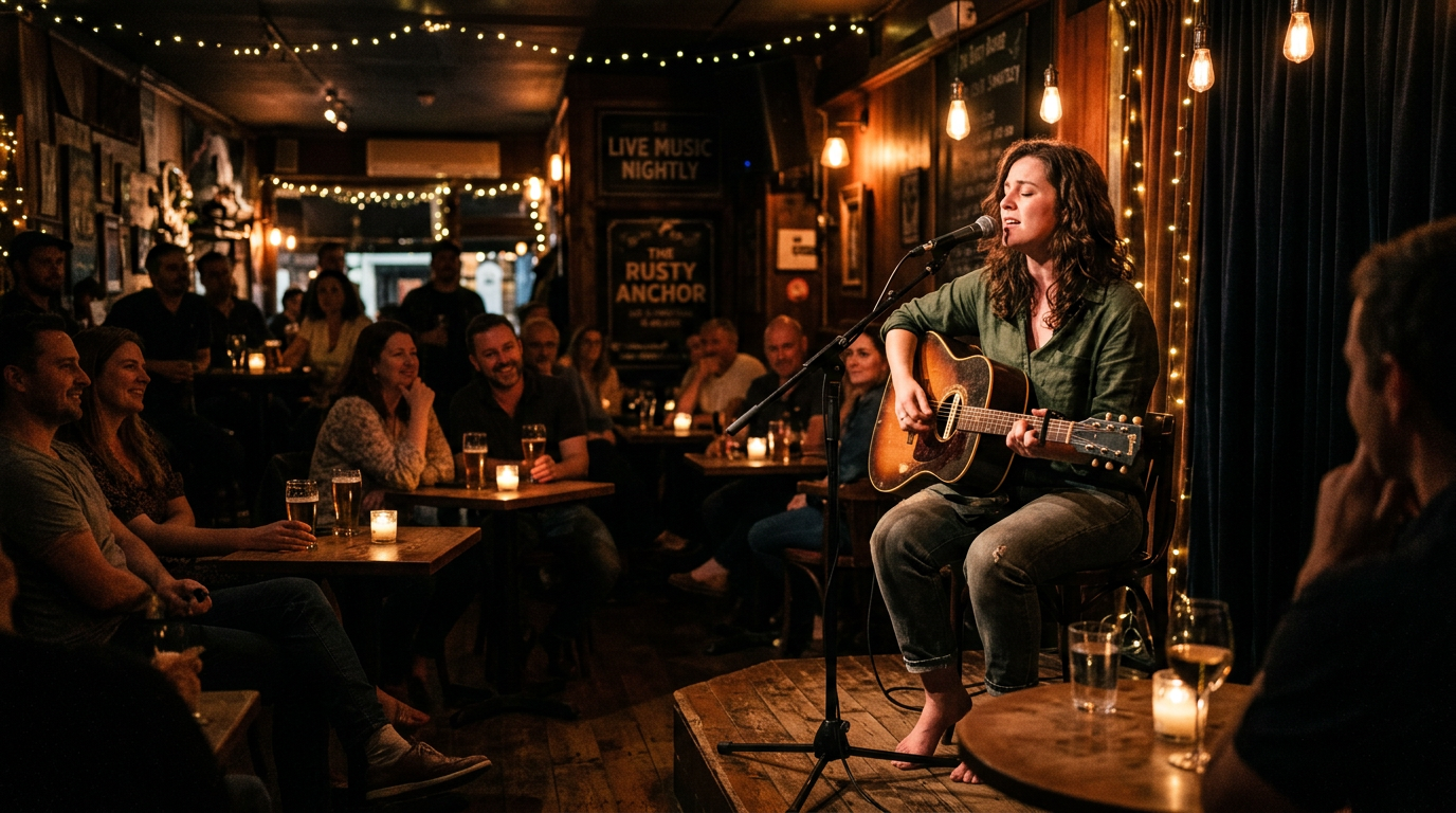 A local musician performing in a small venue while an audience listens closely.